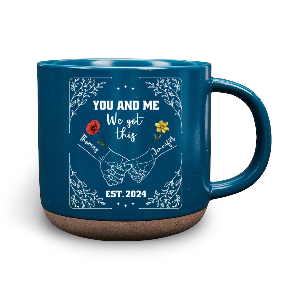 Custom Anniversary Keepsake Gifts For Couple • Birth Flower Hands In Hands - Personalized Pottery Mug