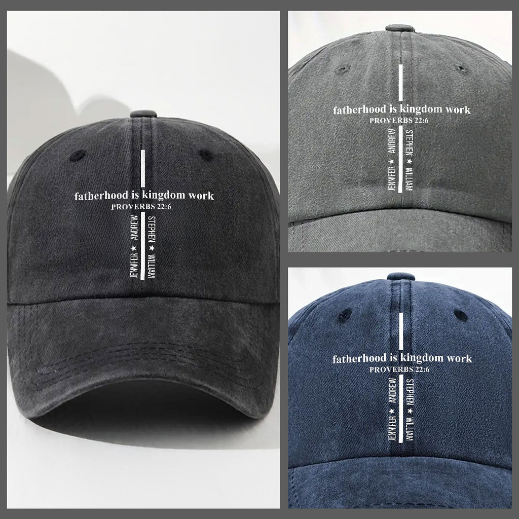 Custom Father's Day Christmas Birthday Gifts for Dad • Fatherhood Is Kingdom Work - Personalized Vintage Washed Denim Cap