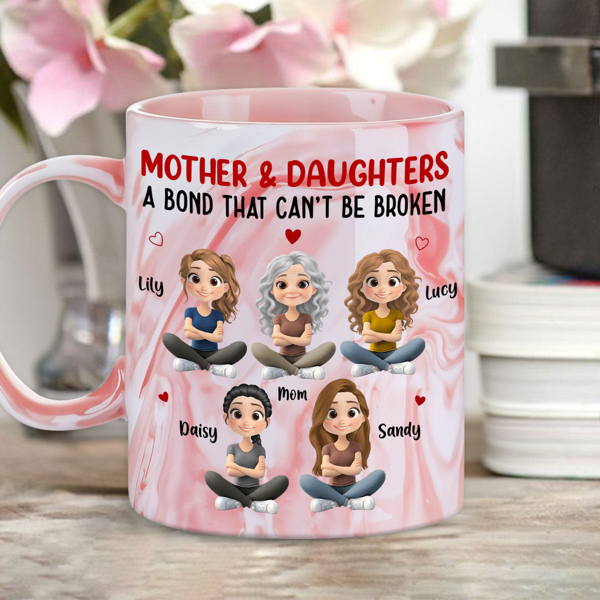 Custom Mother's Day Gift for Mom & Grandma • Mother And Daughter - Personalized Pink Marble Mug