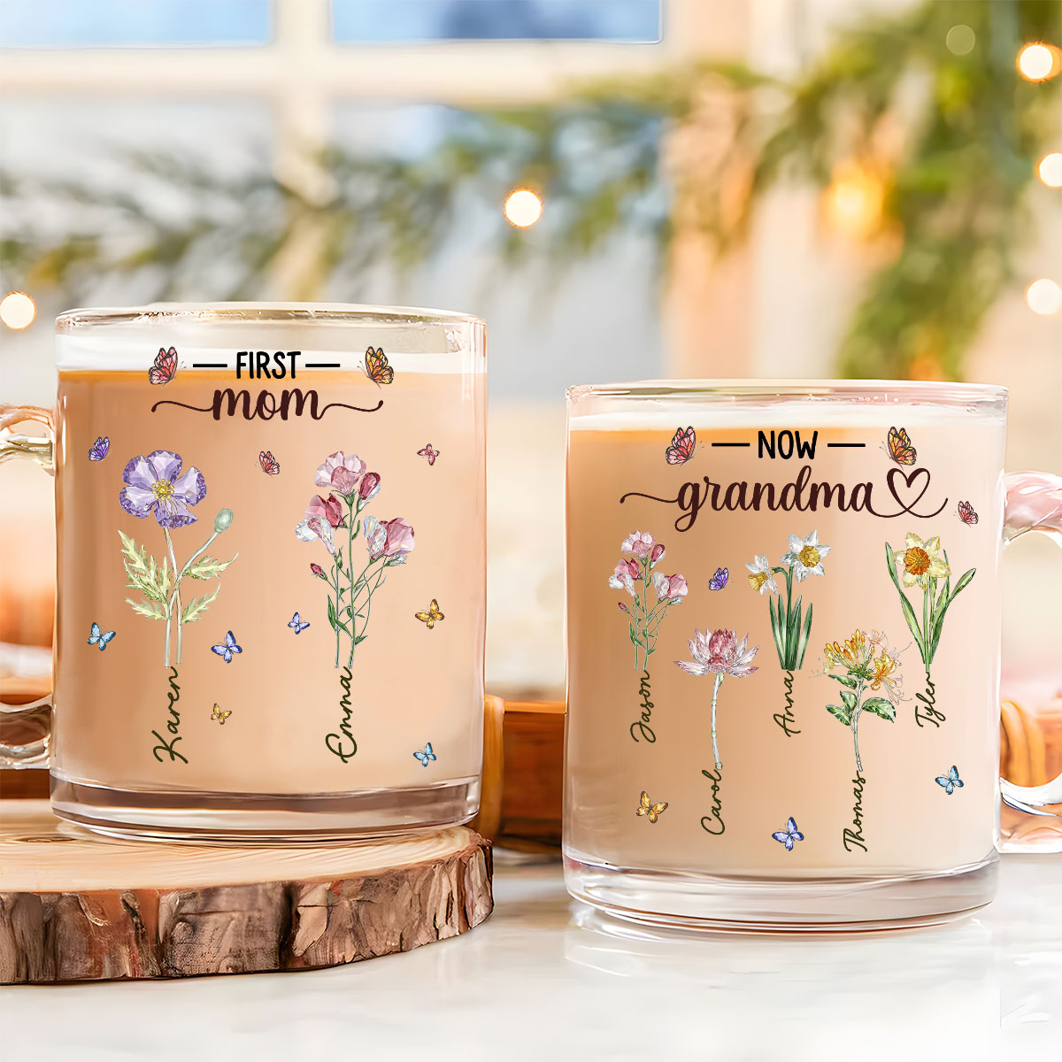 Custom Mother's Day Gift for Mom & Grandma • Grandma Glass Flower - Personalized Glass Mug