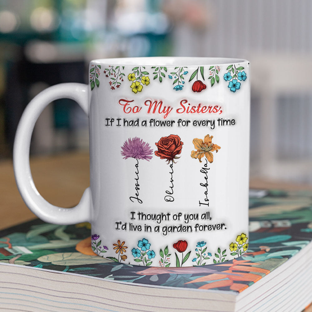 Custom Name & Birth Flower Birthday, Christmas Gift for Sister • My Garden Grows With Sisters - Personalized 3D Inflated Effect Mug