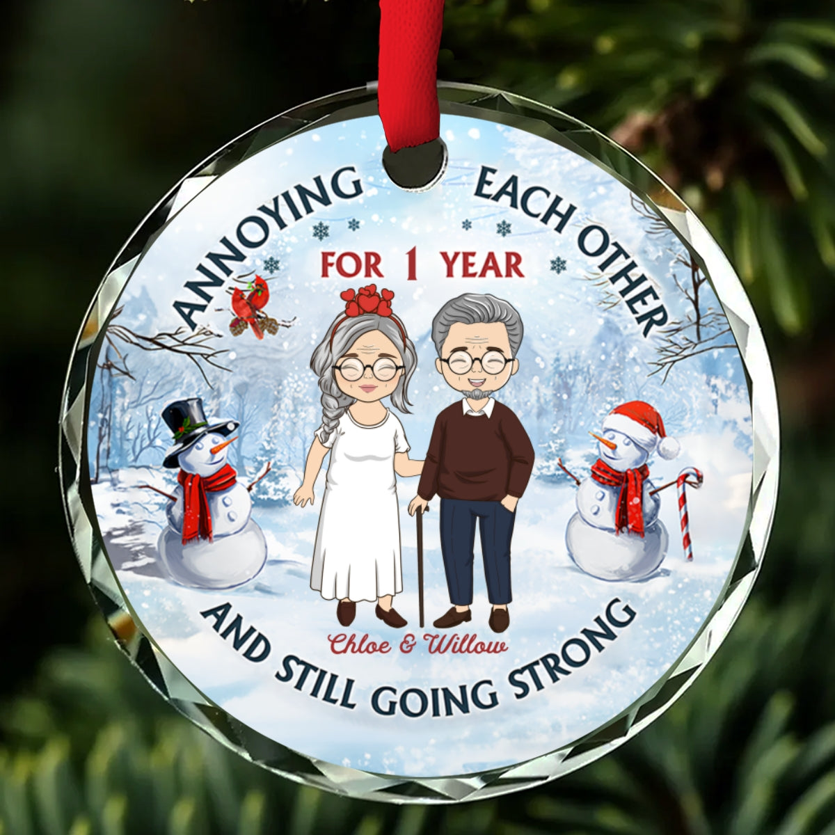 Custom Couple Christmas Ornament, Anniversary Gift •  Old Couple Annoying Each Other - Personalized Glass Ornament