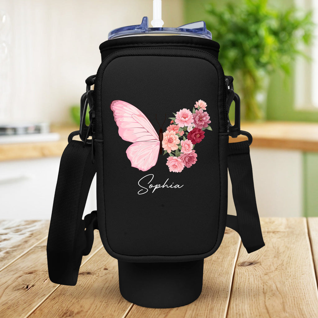 Butterfly Birthmonth Flower With Name - Personalized 40oz Water Bottle Carrier Bag