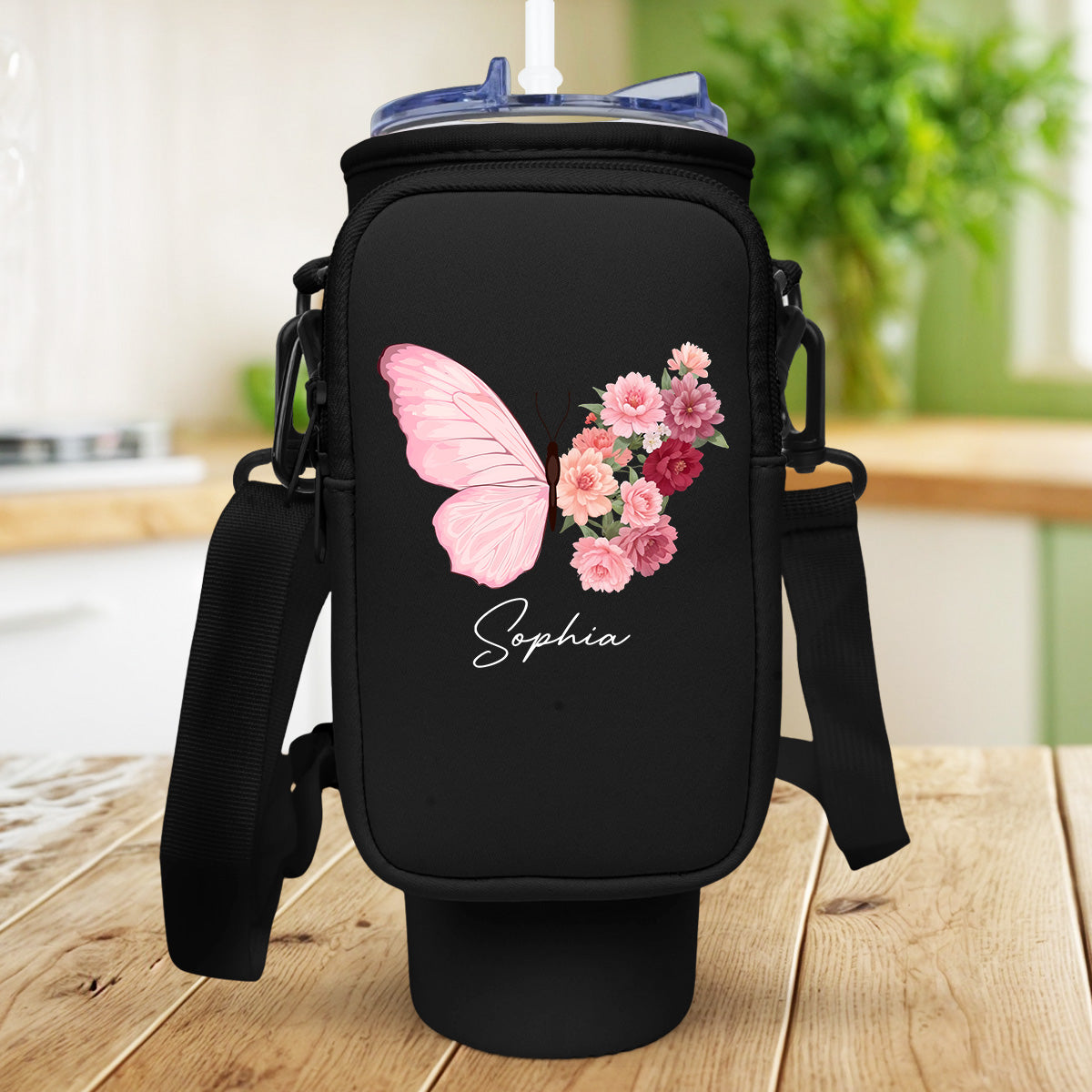 Butterfly Birthmonth Flower With Name - Personalized 40oz Water Bottle Carrier Bag