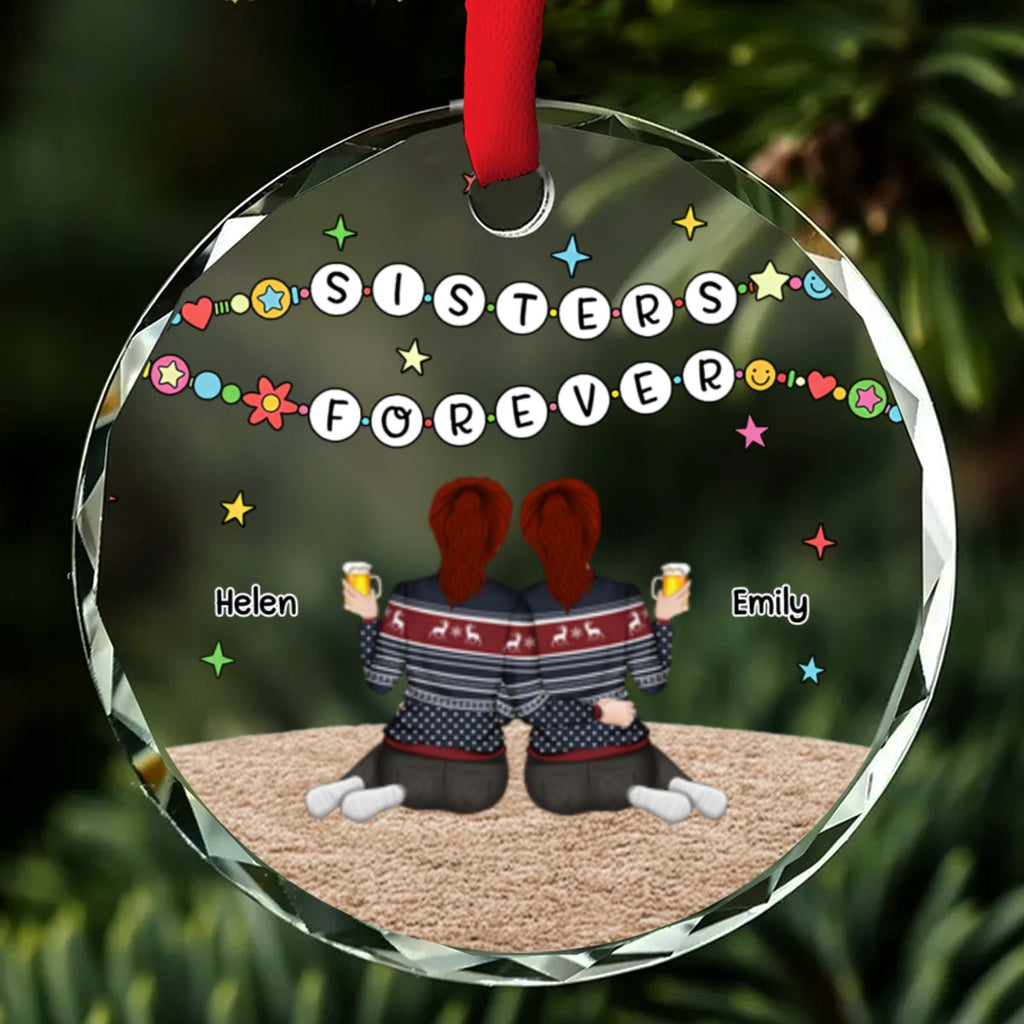 Custom Sister Christmas Ornament •  Sisters Sitting Colorful - Personalized Glass Ornament