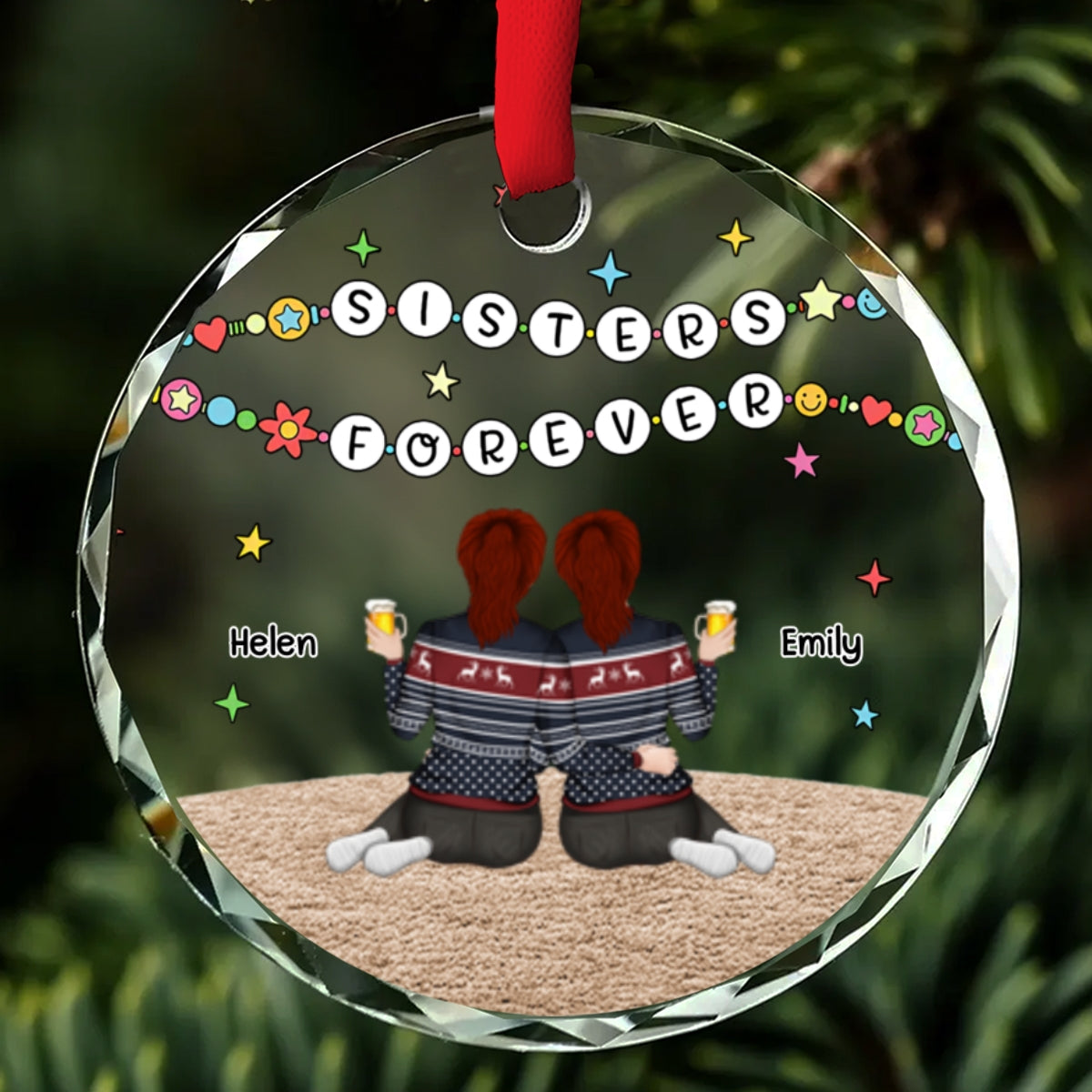 Custom Sister Christmas Ornament •  Sisters Sitting Colorful - Personalized Glass Ornament