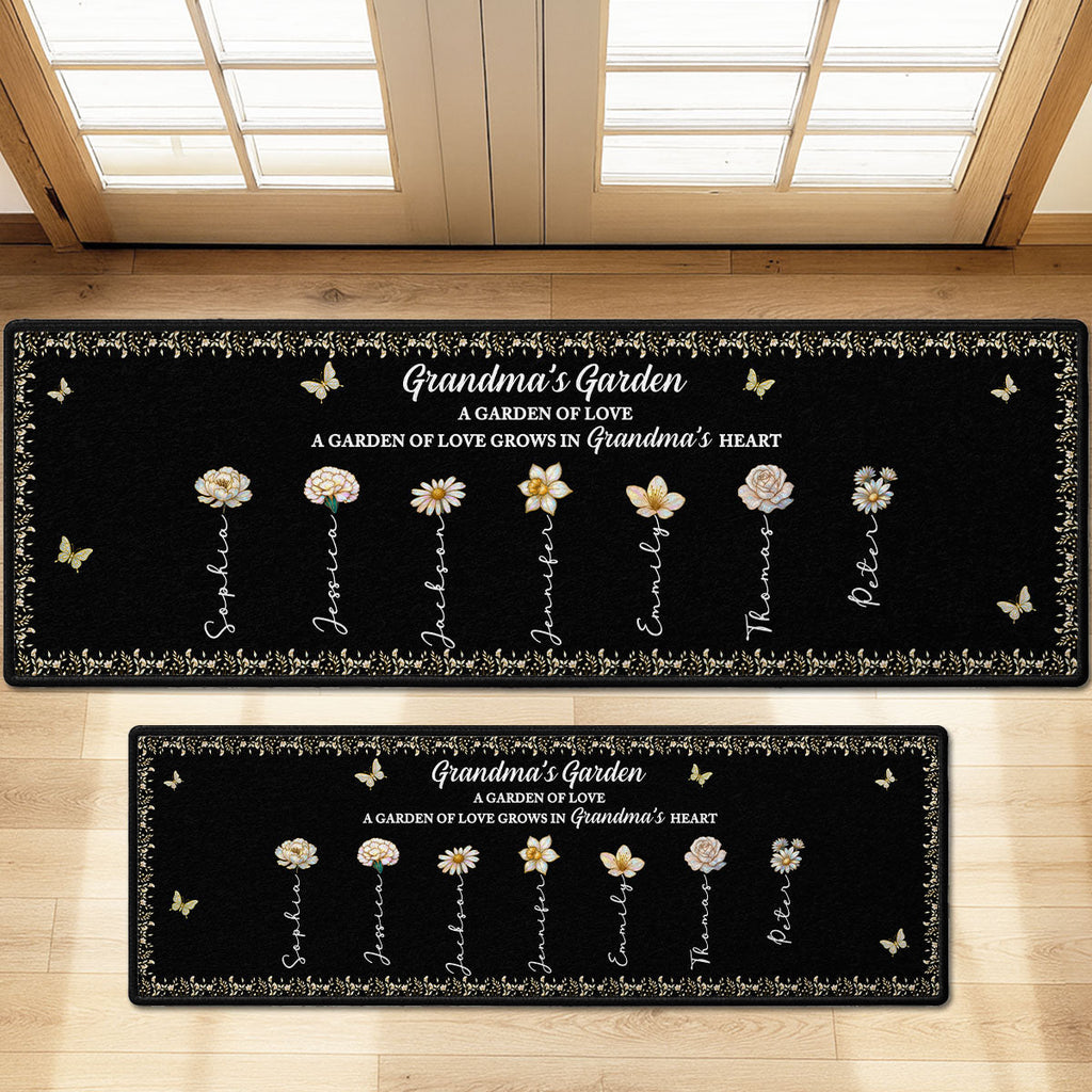 Custom Family Name Rug, Housewarming Birthday Gift For Grandma Grandparents • Grandma's Garden - Personalized Runner Rug