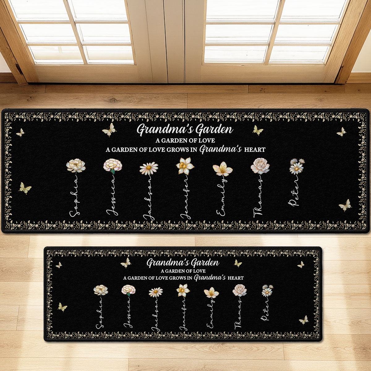 Custom Family Name Rug, Housewarming Birthday Gift For Grandma Grandparents • Grandma's Garden - Personalized Runner Rug