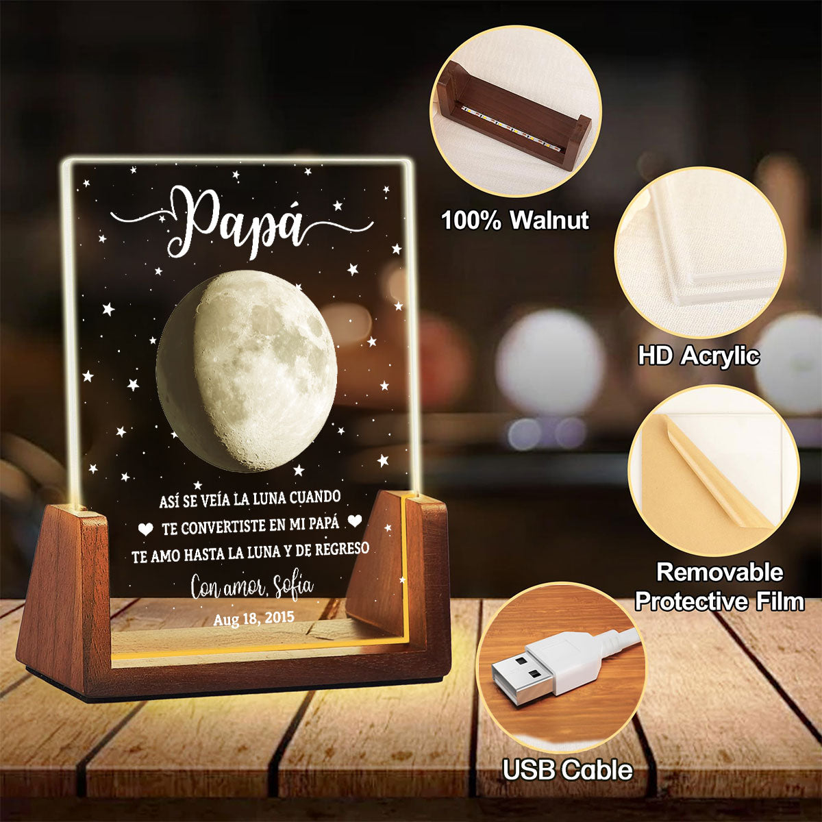 Custom Anniversary, Wedding, Christmas Gift For Husband, Him• Así Se Veía La Luna - Placa Personalizada Con Base De Nogal