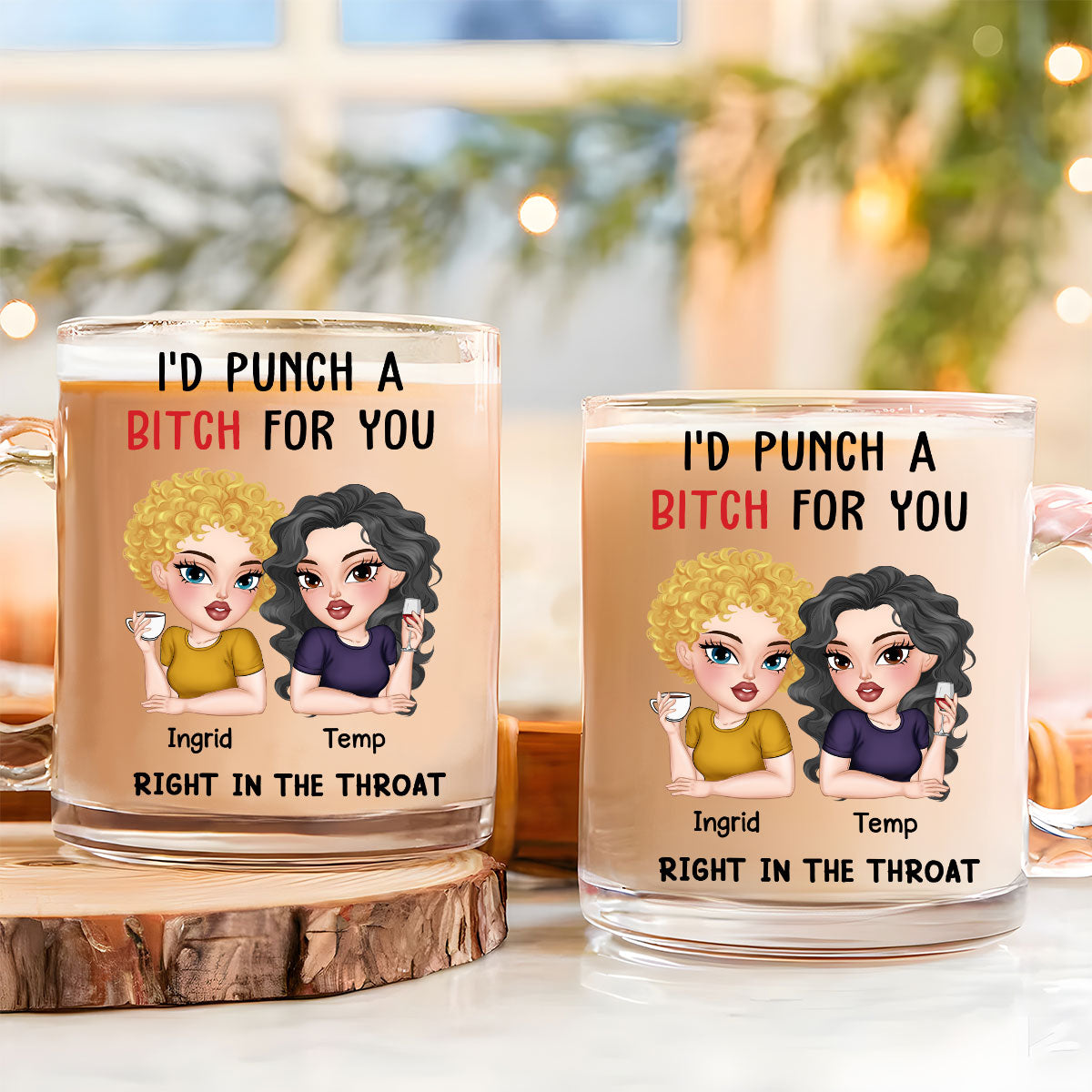 Custom Best Friend, Christmas & Birthday Friendship Keepsake Gift • Punch A Bitch For You My Bestie - Personalized Glass Mug