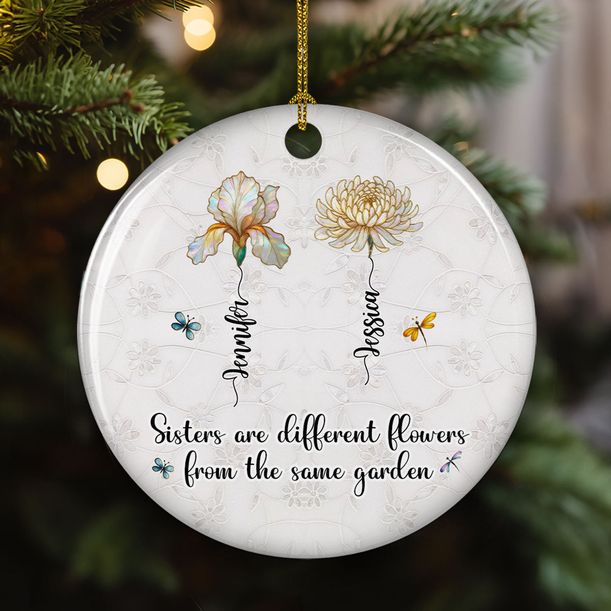 Custom Sister Christmas Ornament •  Sisters Are Flowers Mother Of Pearl - Personalized Ceramic Ornament