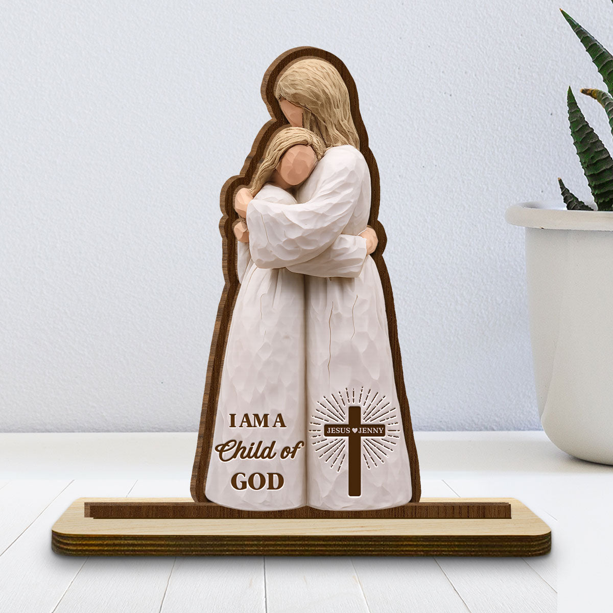Custom Family Decor, Christmas Birthday Family Keepsake • Child Of God Embrace - Personalized 2-Layer Wood Plaque With Flat Base