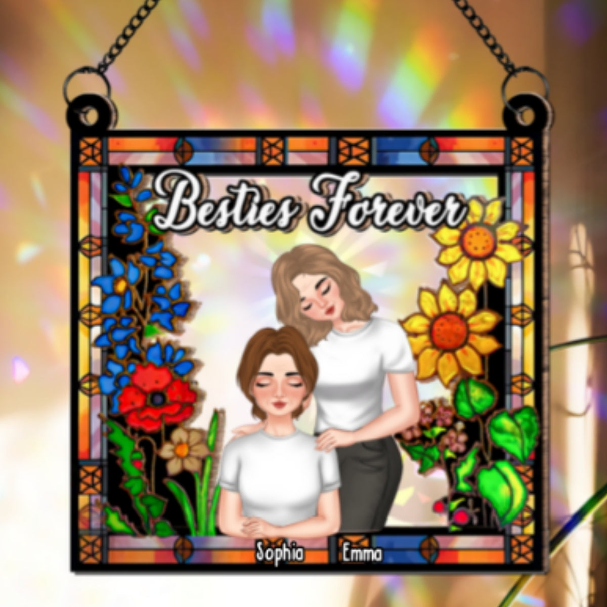 Custom Best Friend Hanging Decor, Friendship Birthday Gifts • Besties Forever Floral Style - Personalized Rainbow Suncatcher