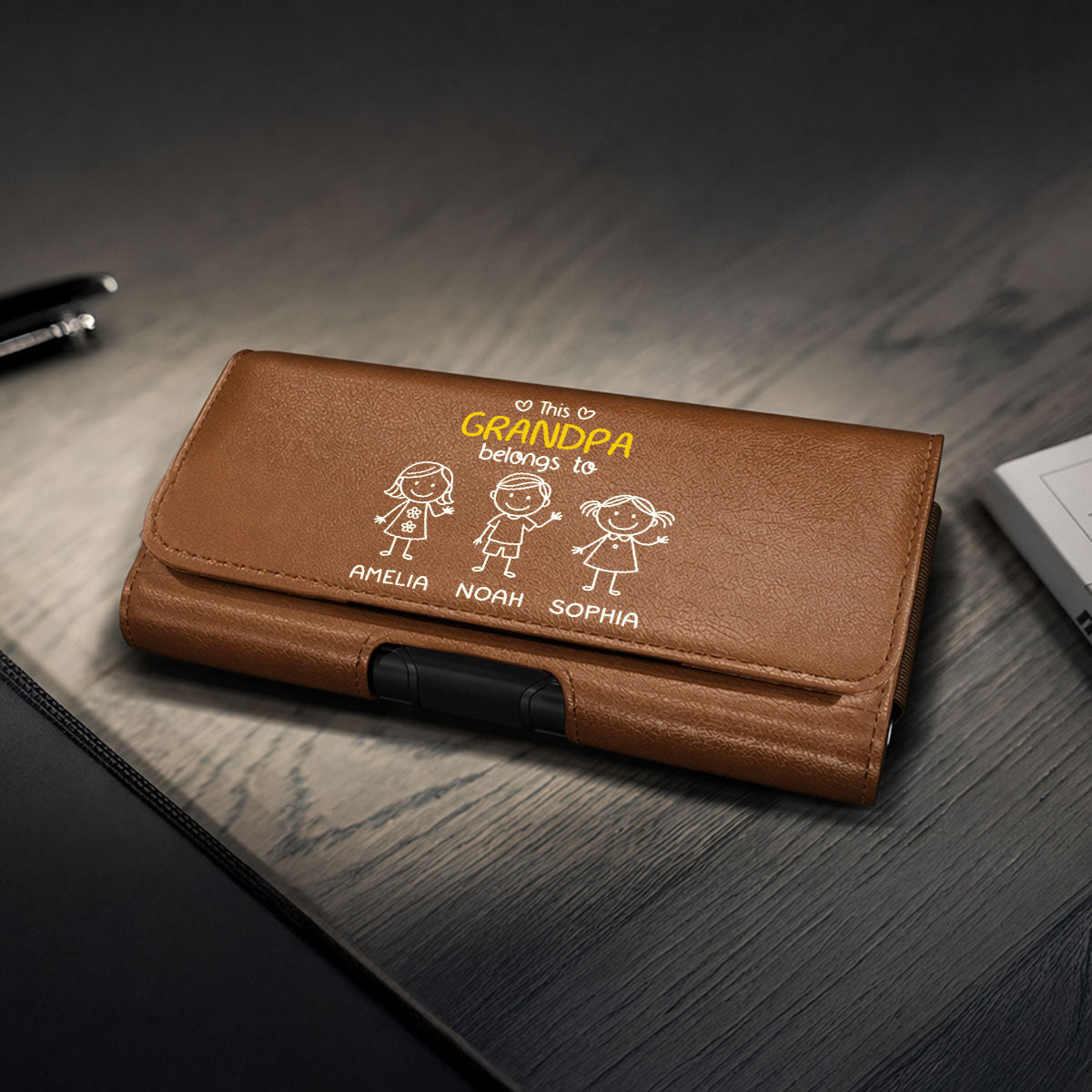 This Grandpa Belongs To Us - Personalized Leather Phone And Card Holster