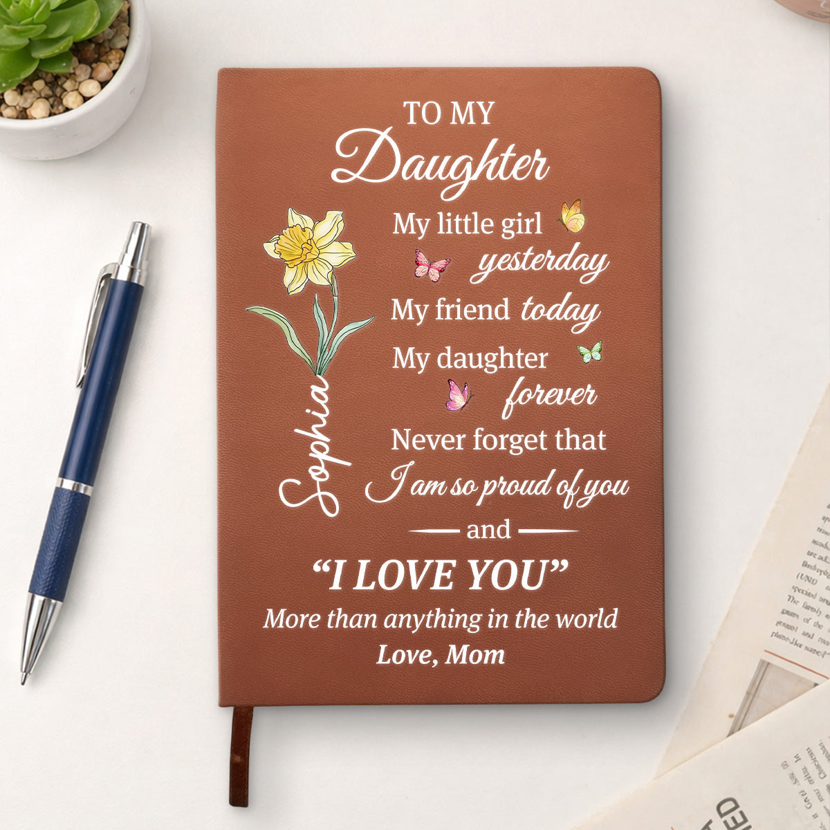 Custom Birth Flower & Name Notebook For Daughter, Granddaughter • You Are My Greatest Blessing - Personalized Leather Journal