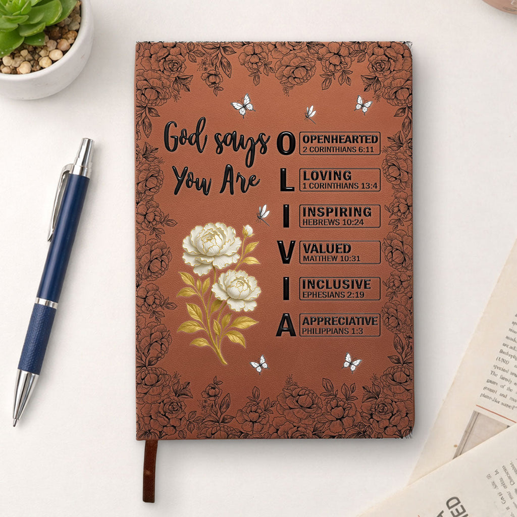 God Says You Are Bible Verse Custom Birth Flower & Name - Personalized Leather Journal