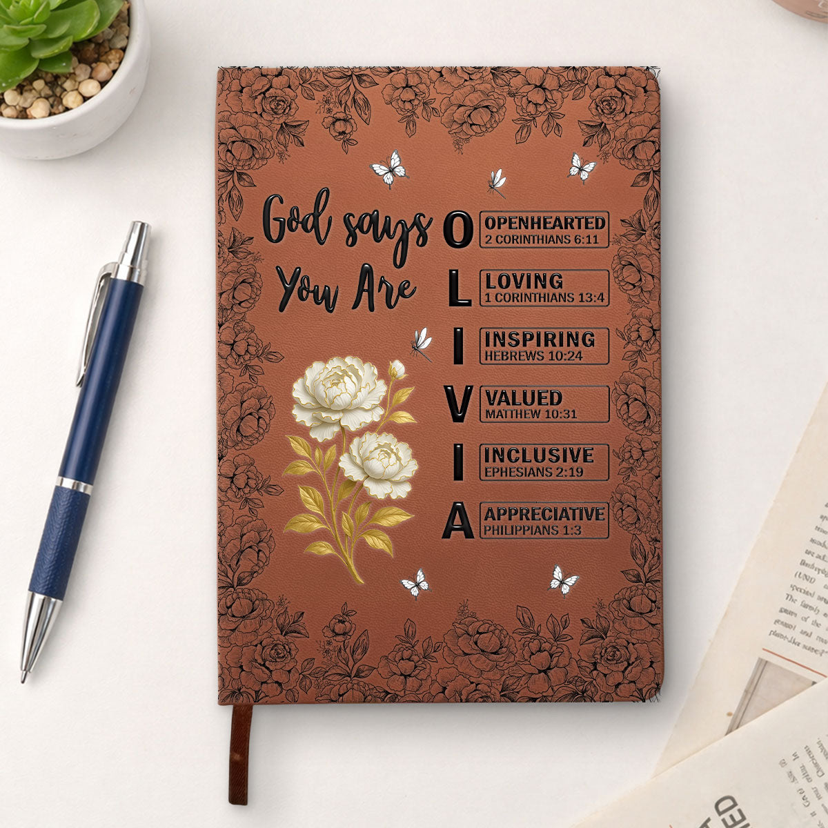 God Says You Are Bible Verse Custom Birth Flower & Name - Personalized Leather Journal