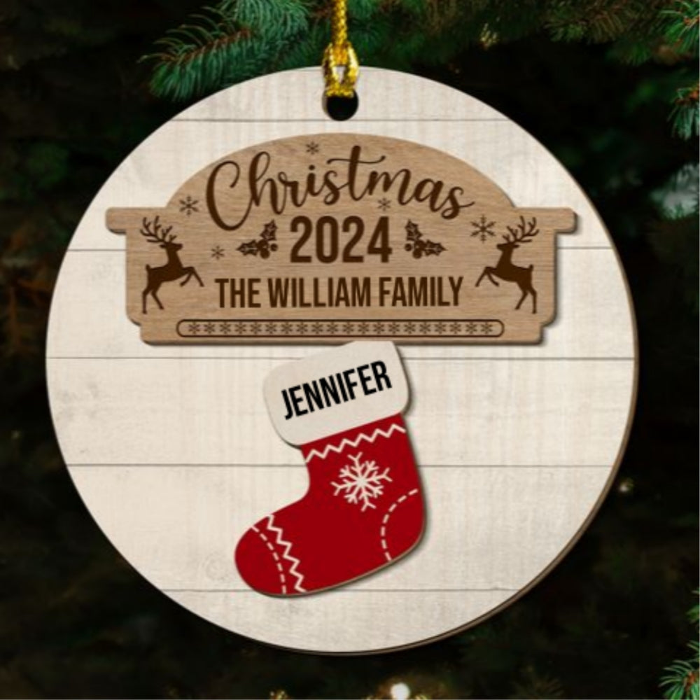 Custom Family Ornament, Christmas Gift for Family Members •  Name Christmas Socks - Personalized 2-layered Wood Ornament