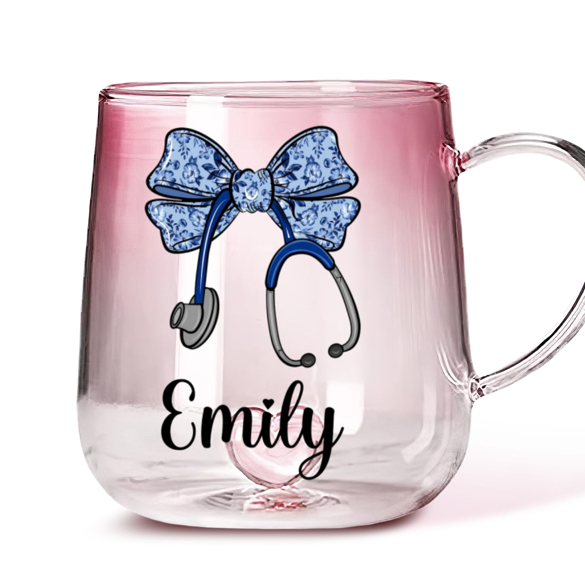 Custom Christmas & Birthday Keepsake Gift • Bow Stethoscope - Personalized Pink Gradient Glass Mug