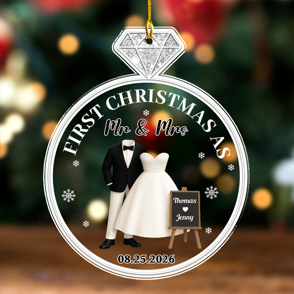 Custom First Christmas Ornament Married, Gift for Newlyweds •  First Christmas Married - Personalized Acrylic Ornament