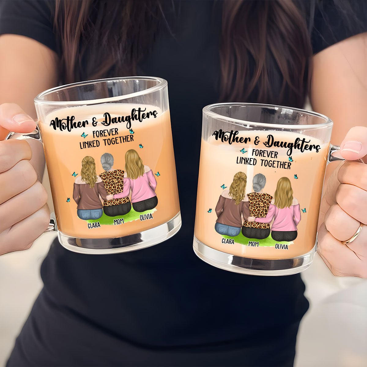 Custom Mother's Day Gift for Mom & Grandma • Mother And Daughter Connected By Love - Personalized Glass Mug