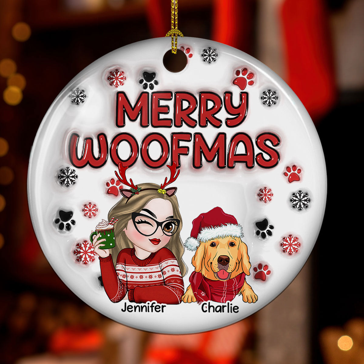 Custom Keepsake Christmas Ornament •  Merry Woofmas Dog Mom - Personalized 3D Inflated Effect Ceramic Ornament
