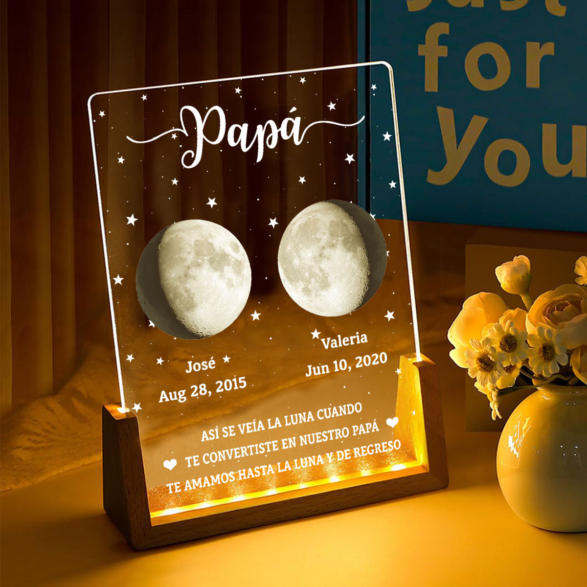 Custom Anniversary, Wedding, Christmas Gift For Husband, Him• Así Se Veía La Luna - Placa Personalizada Con Base De Nogal