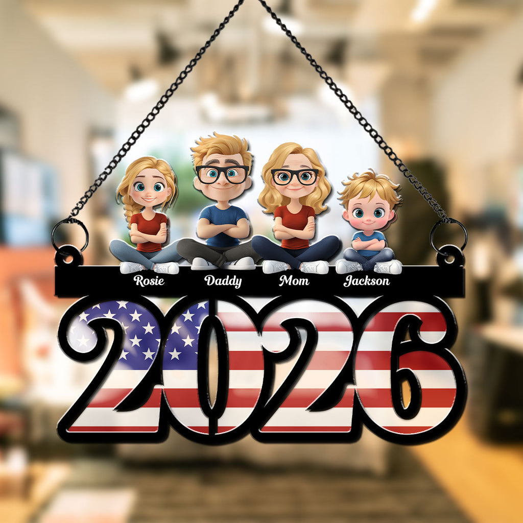 Custom Family Patriotic Hanging Decor, 4th of July • Family Sitting America 250th Anniversary - Personalized Suncatcher