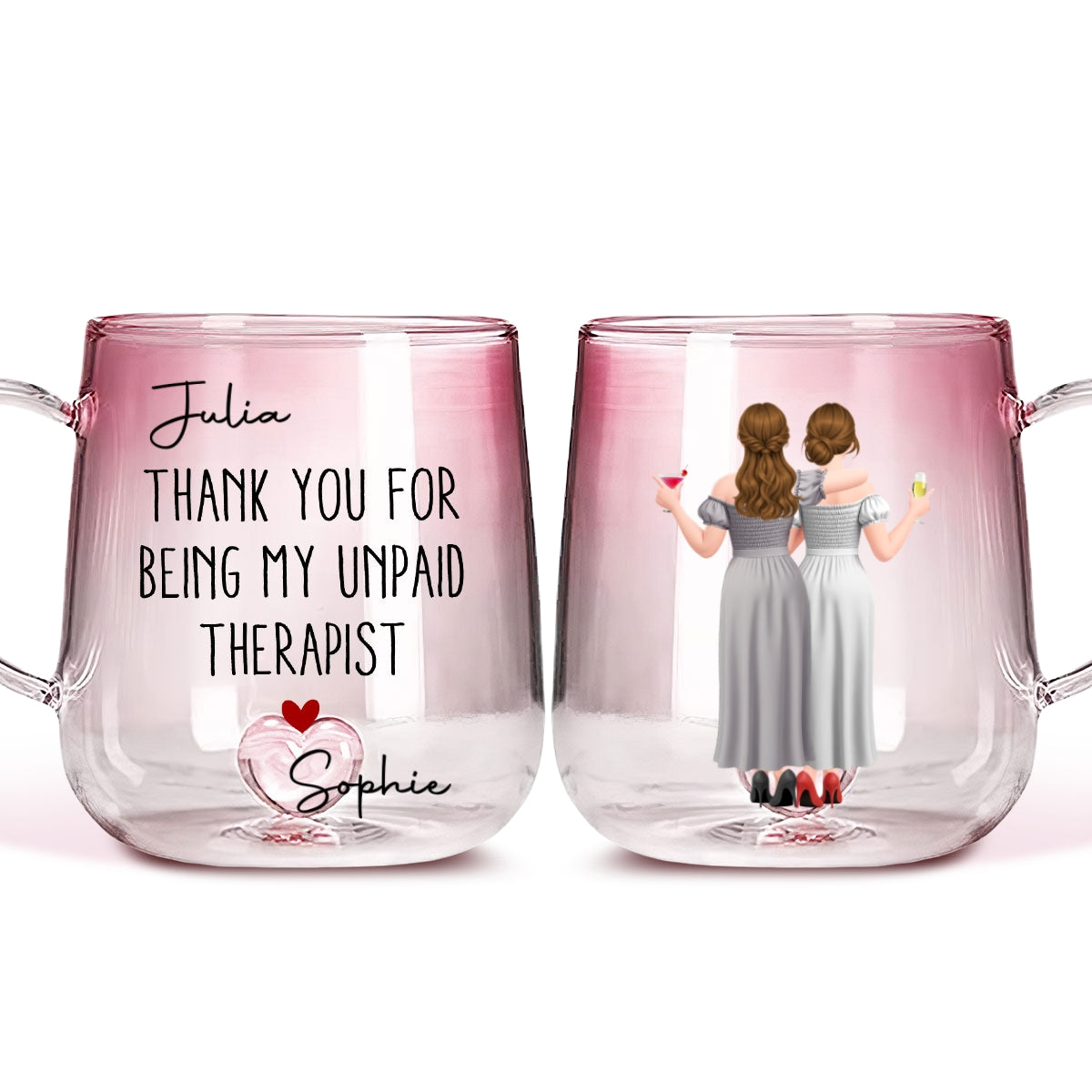 Custom Best Friend, Christmas & Birthday Friendship Keepsake Gift • My Unpaid Therapist Version 2 - Personalized Pink Gradient Glass Mug