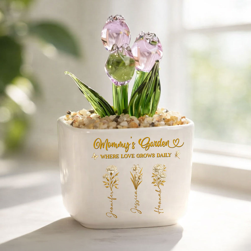 Custom Flower Keepsake, Glass Home Decor Gift for Mom • Blooming Bonds - Personalized Glass Everlasting Tulips