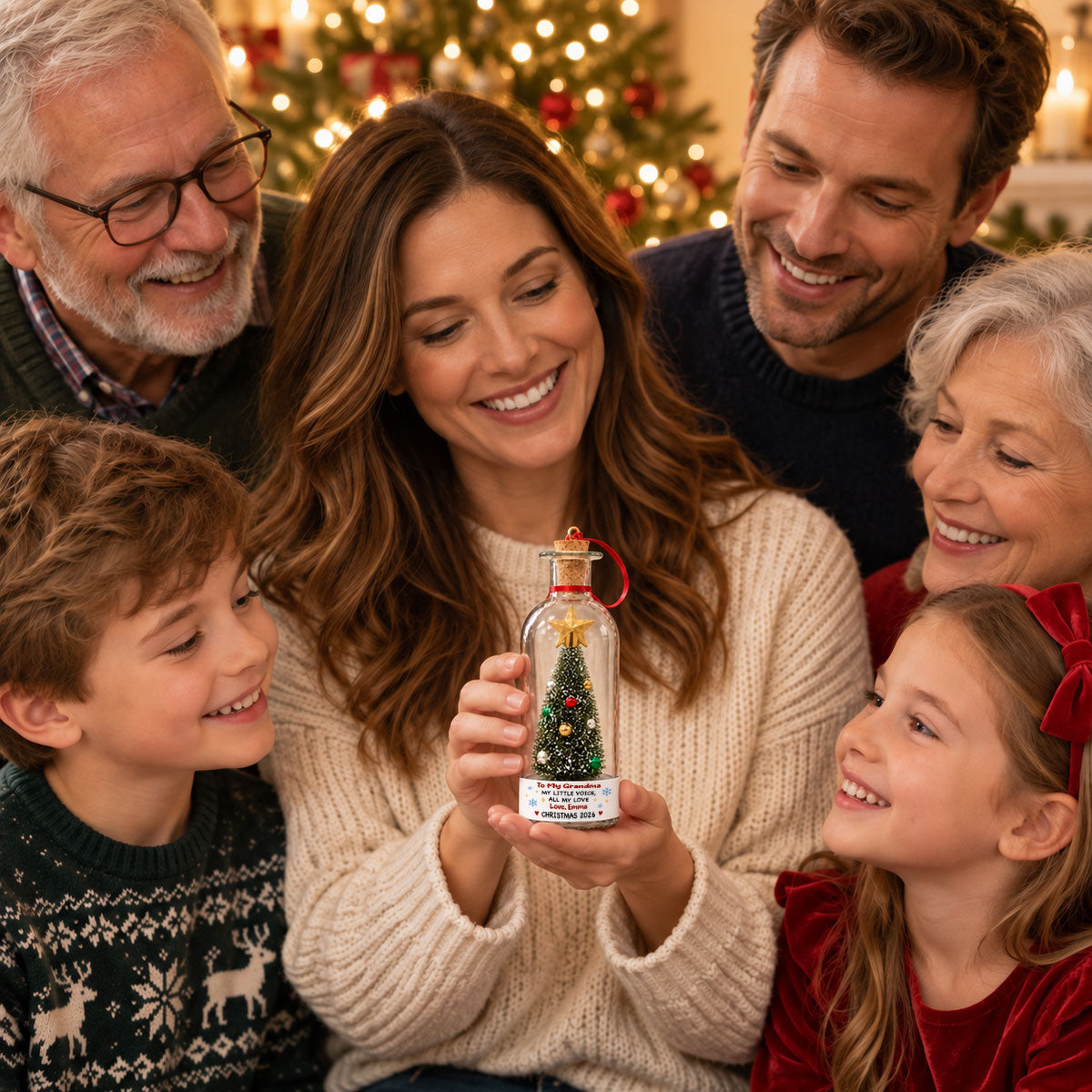 Custom Voice Recordable Message, Holiday Ornament Gift For Grandparents • To My Grandma - Personalized Christmas Tree Bottle