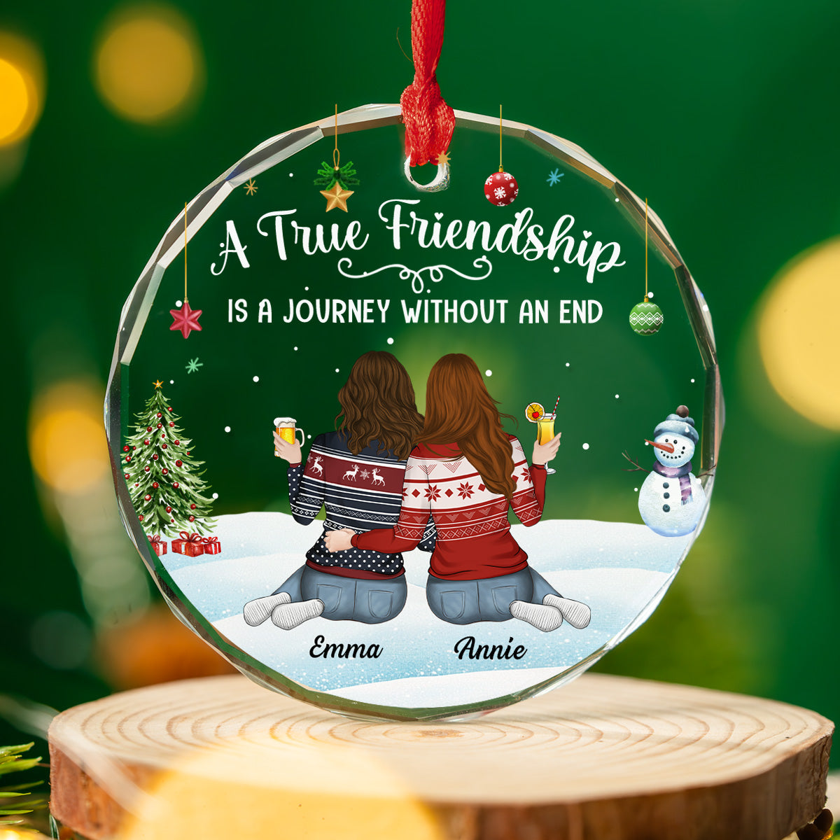 Custom Friendship Christmas Ornament, Best Friend Gift •  A Journey Without An End - Personalized Glass Ornament