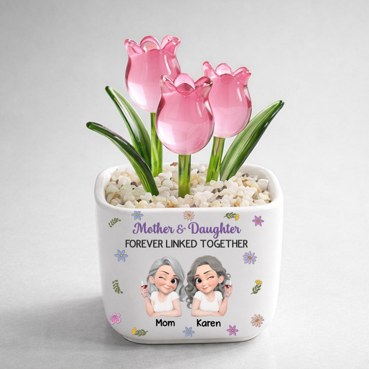 Custom Mother's Day Flower Keepsake, Glass Home Decor Gift for Mom • Mother And Daughter Linked Together Cartoon - Personalized Glass Everlasting Tulips