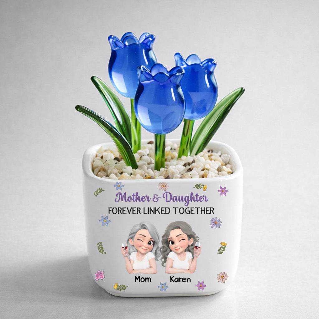 Custom Mother's Day Flower Keepsake, Glass Home Decor Gift for Mom • Mother And Daughter Linked Together Cartoon - Personalized Glass Everlasting Tulips
