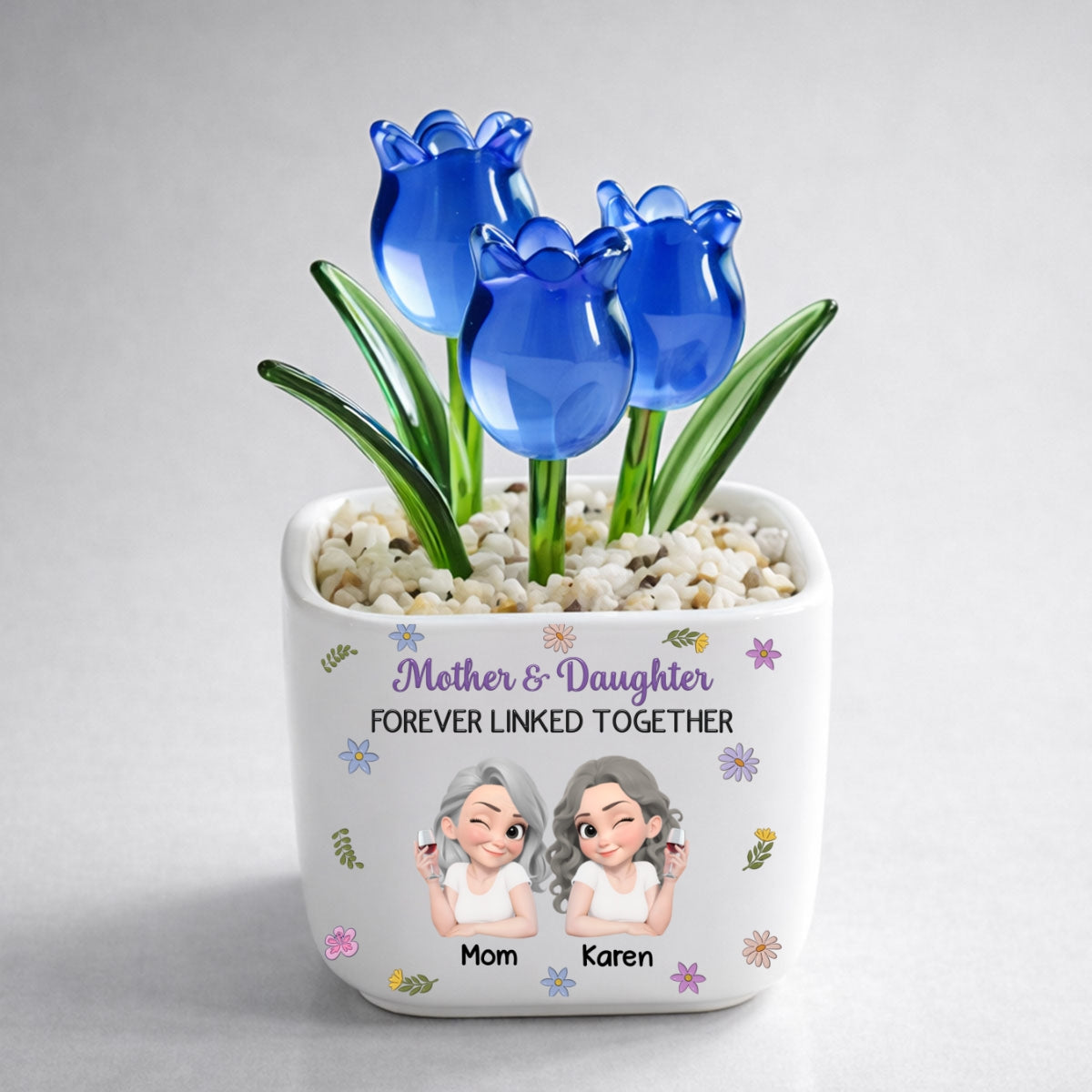 Custom Mother's Day Flower Keepsake, Glass Home Decor Gift for Mom • Mother And Daughter Linked Together Cartoon - Personalized Glass Everlasting Tulips