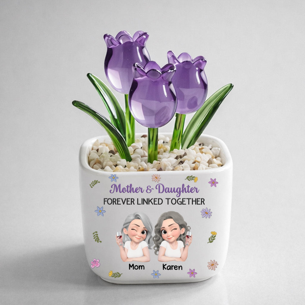 Custom Mother's Day Flower Keepsake, Glass Home Decor Gift for Mom • Mother And Daughter Linked Together Cartoon - Personalized Glass Everlasting Tulips