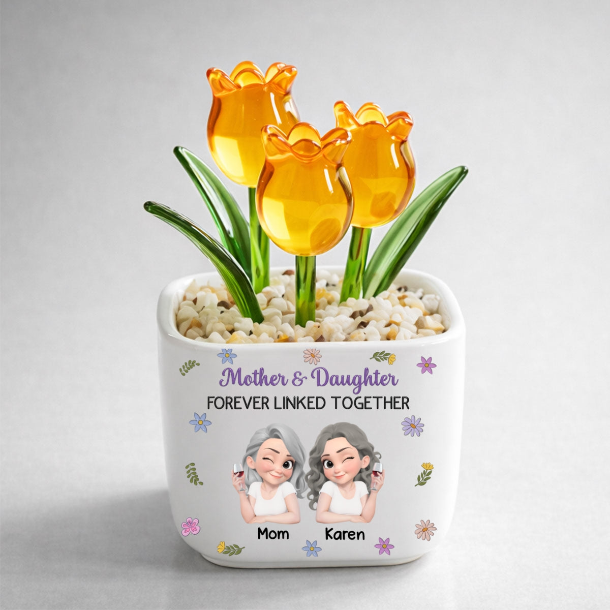 Custom Mother's Day Flower Keepsake, Glass Home Decor Gift for Mom • Mother And Daughter Linked Together Cartoon - Personalized Glass Everlasting Tulips