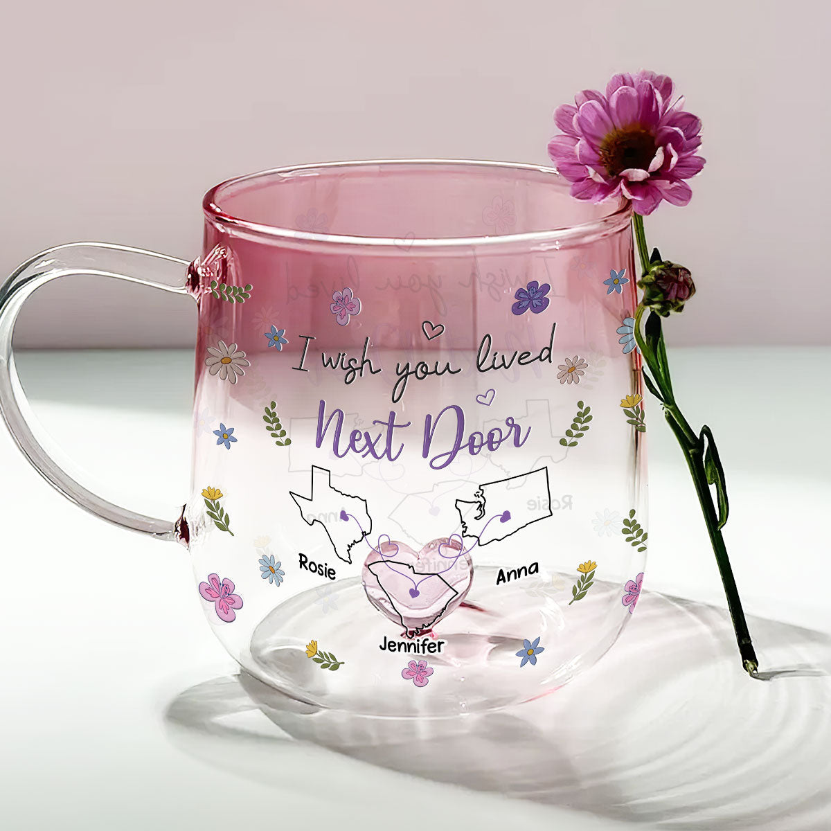 Custom Best Friend, Christmas & Birthday Friendship Keepsake Gift • I Wish We Lived Closer Flowers Version - Personalized Pink Gradient Glass Mug