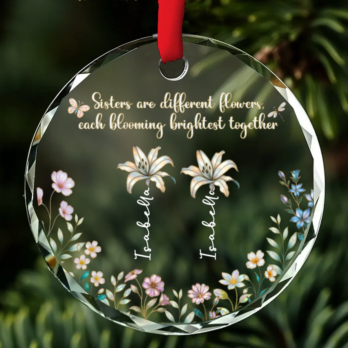 Custom Sister Christmas Ornament •  Blooming Together - Personalized Glass Ornament