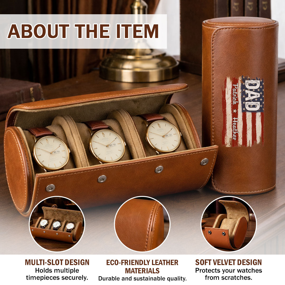 American Flag Name - Personalized Leather Watch Case