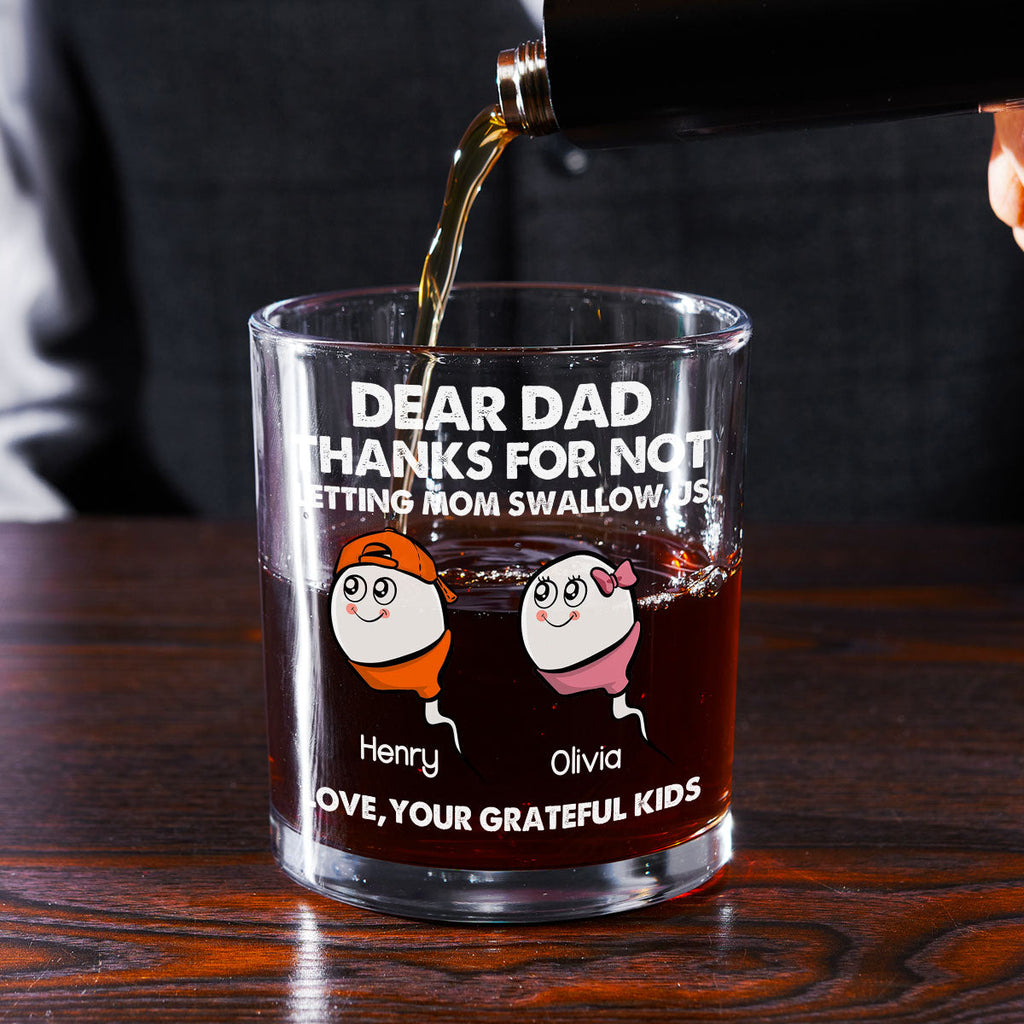 Custom Father's Day Birthday Gifts for Dad • Thanks For Not Letting Mom Swallow Us - Personalized Whiskey Glass