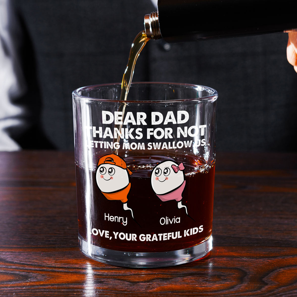 Custom Father's Day Birthday Gifts for Dad • Thanks For Not Letting Mom Swallow Us - Personalized Whiskey Glass