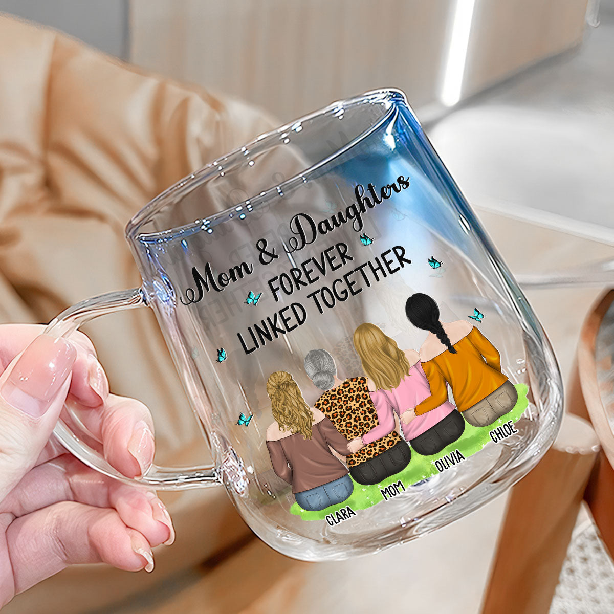 Custom Mother's Day Gift for Mom & Grandma • Mother And Daughter Linked Forever - Personalized Blue Gradient Glass Mug