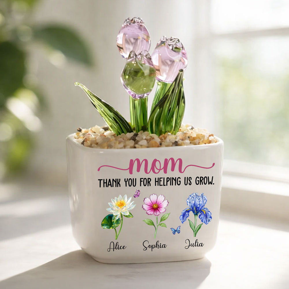 Custom Mother's Day Flower Keepsake, Glass Home Decor Gift for Mom • Thank You For Helping Me Grow - Personalized Glass Everlasting Tulips