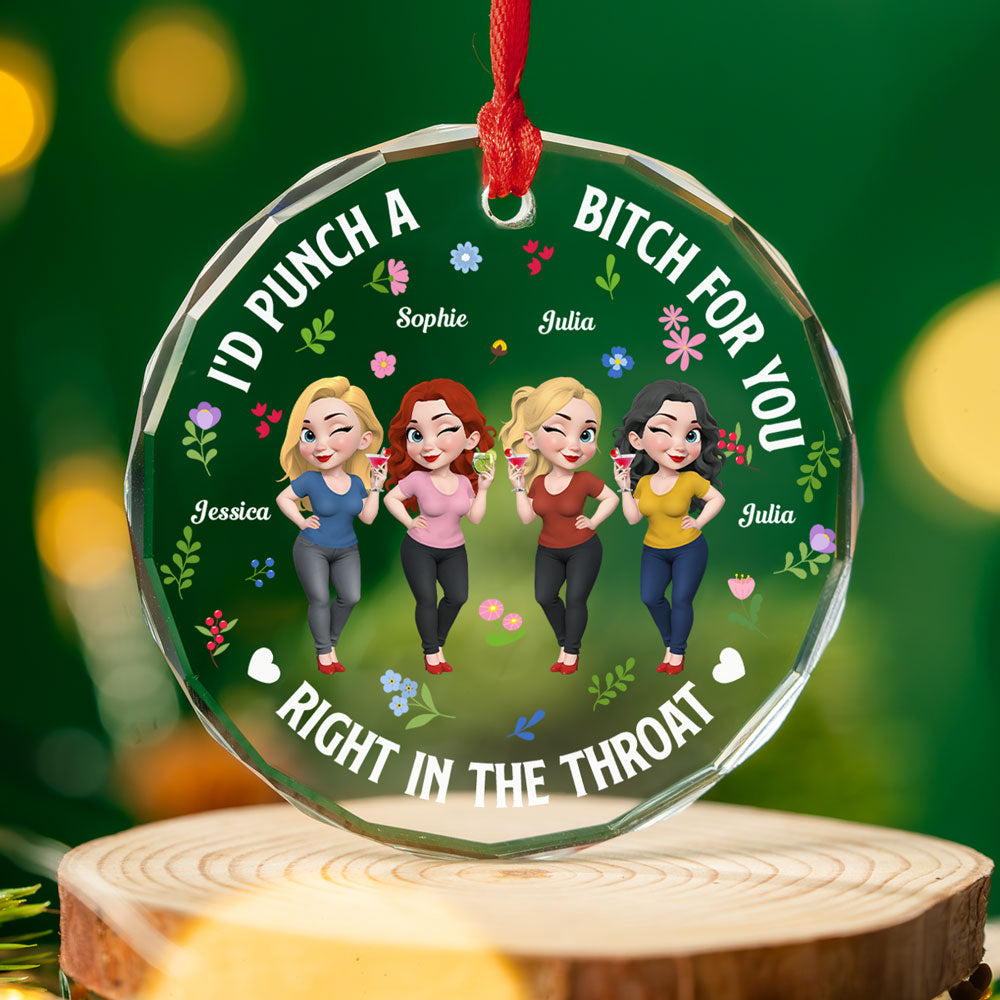 Custom Friendship Christmas Ornament, Best Friend Gift •  Right In The Throat Bestie Cartoonize - Personalized Glass Ornament