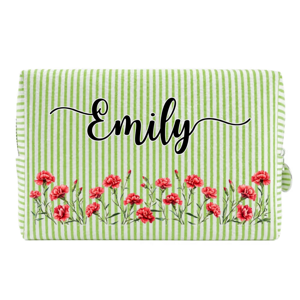 Custom Birth Flower & Name For Her, Daughter, Sister, Friends • Born To Bloom - Personalized Seersucker Print Makeup Bag