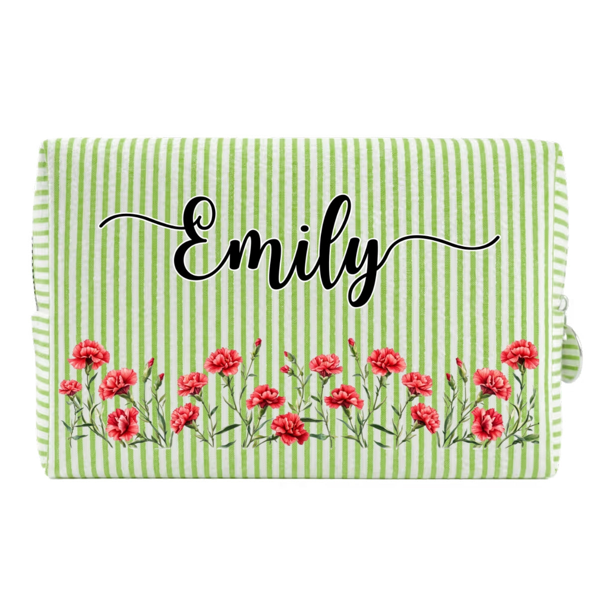 Custom Birth Flower & Name For Her, Daughter, Sister, Friends • Born To Bloom - Personalized Seersucker Print Makeup Bag