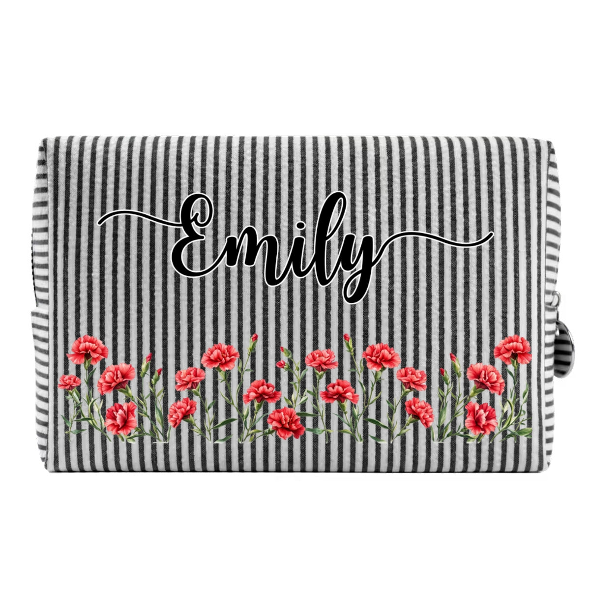 Custom Birth Flower & Name For Her, Daughter, Sister, Friends • Born To Bloom - Personalized Seersucker Print Makeup Bag