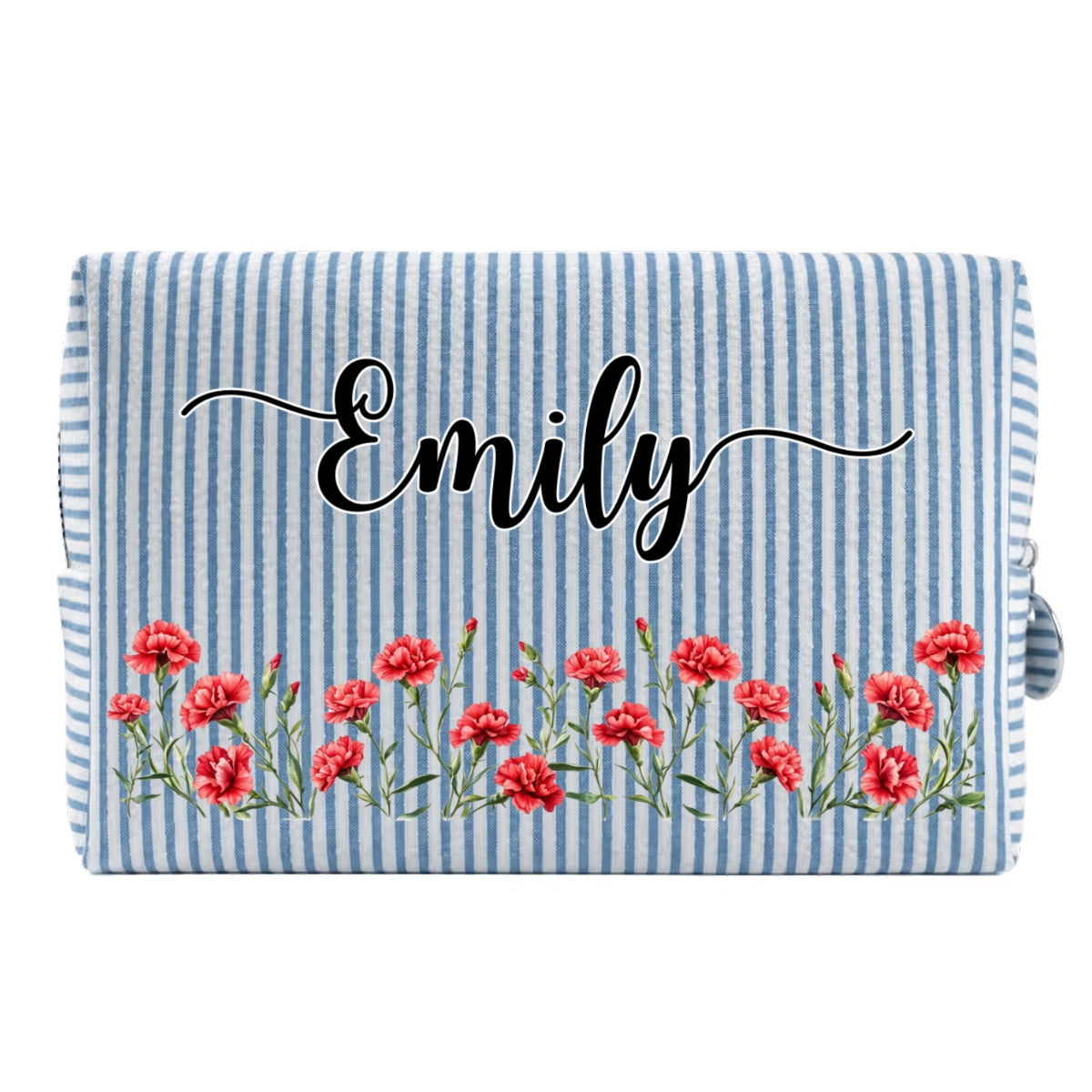 Custom Birth Flower & Name For Her, Daughter, Sister, Friends • Born To Bloom - Personalized Seersucker Print Makeup Bag