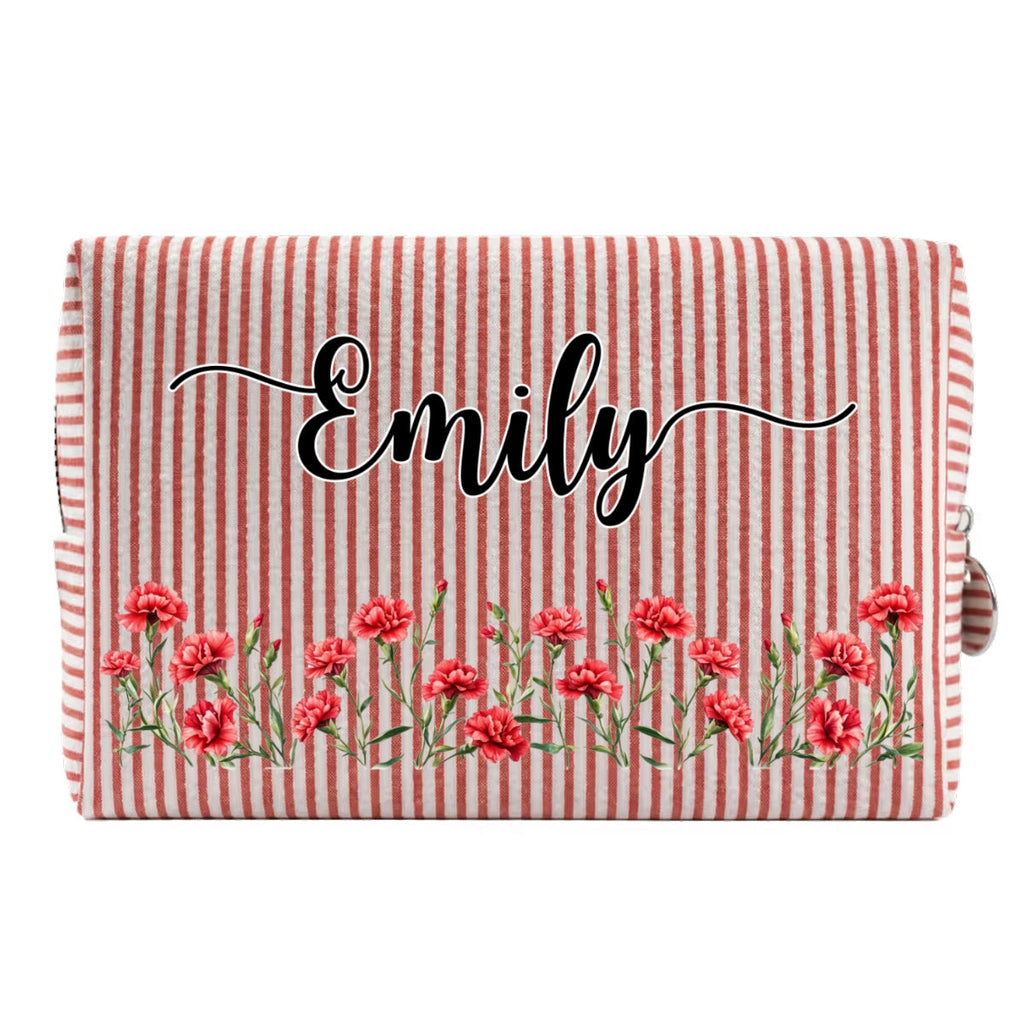 Custom Birth Flower & Name For Her, Daughter, Sister, Friends • Born To Bloom - Personalized Seersucker Print Makeup Bag